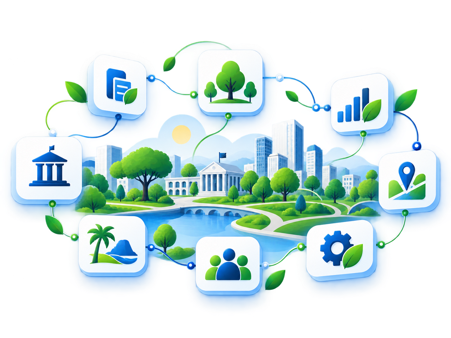Ilustração de uma cidade com elementos conectados de meio ambiente, tecnologia e gestão pública